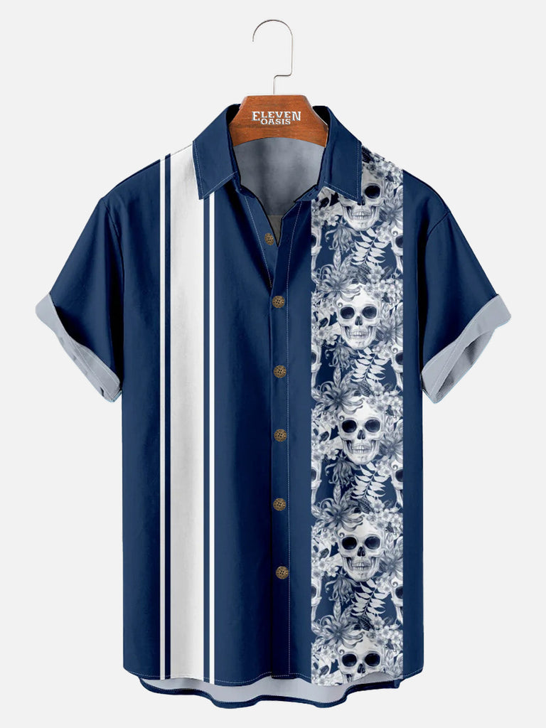 Men's Striped with Floral Skulls Casual Short Sleeve Shirt Eleven Oasis