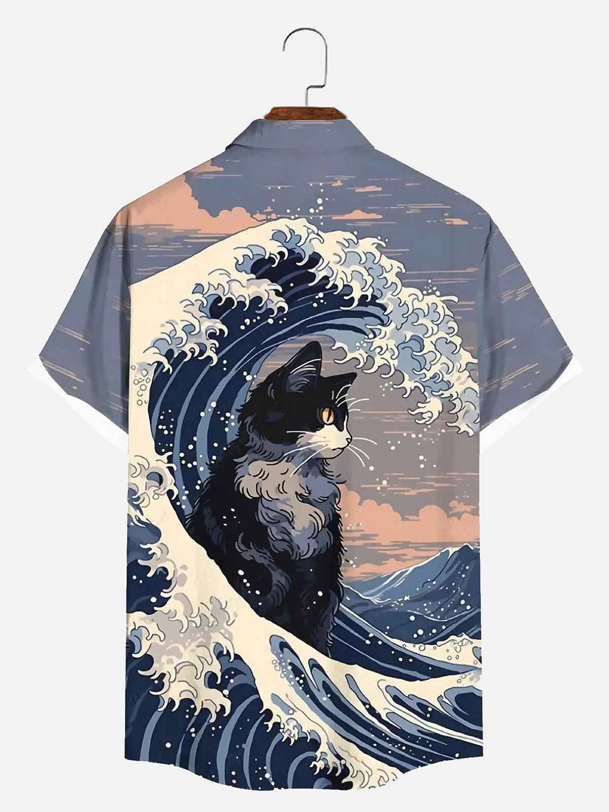 Men's Japan-Inspired Ocean Waves and Cat Short Sleeve Shirt Eleven Oasis