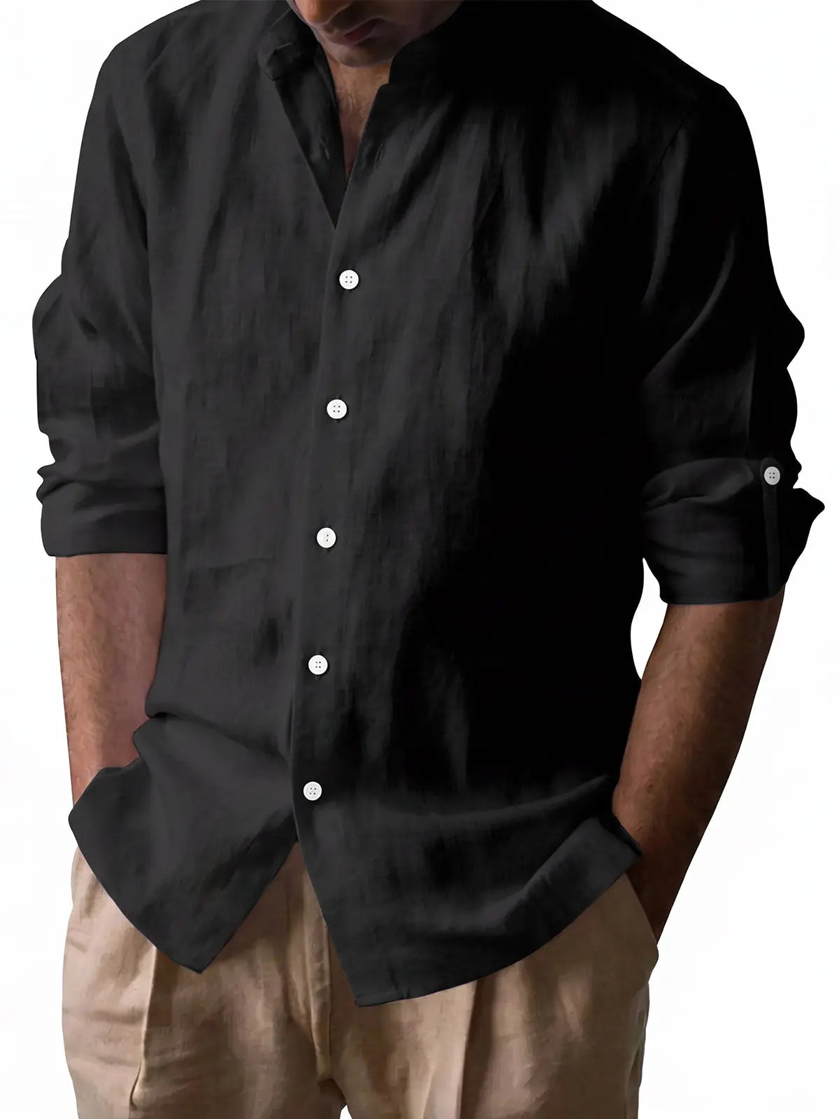 Men's Linen Blend Band Collar Long Sleeve Shirt?