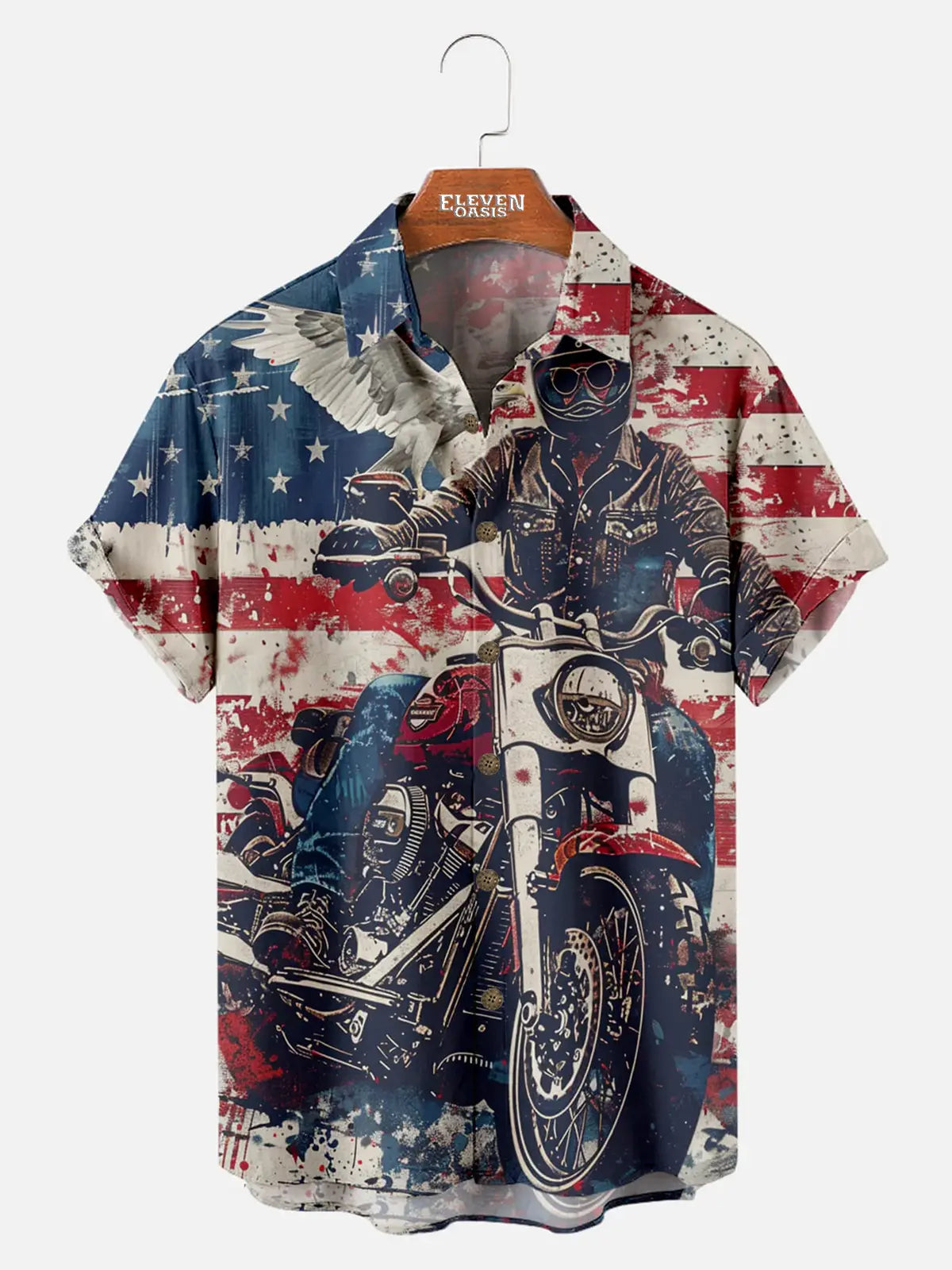 Men's American Flag Motorcycle Print Short Sleeve Shirt Eleven Oasis