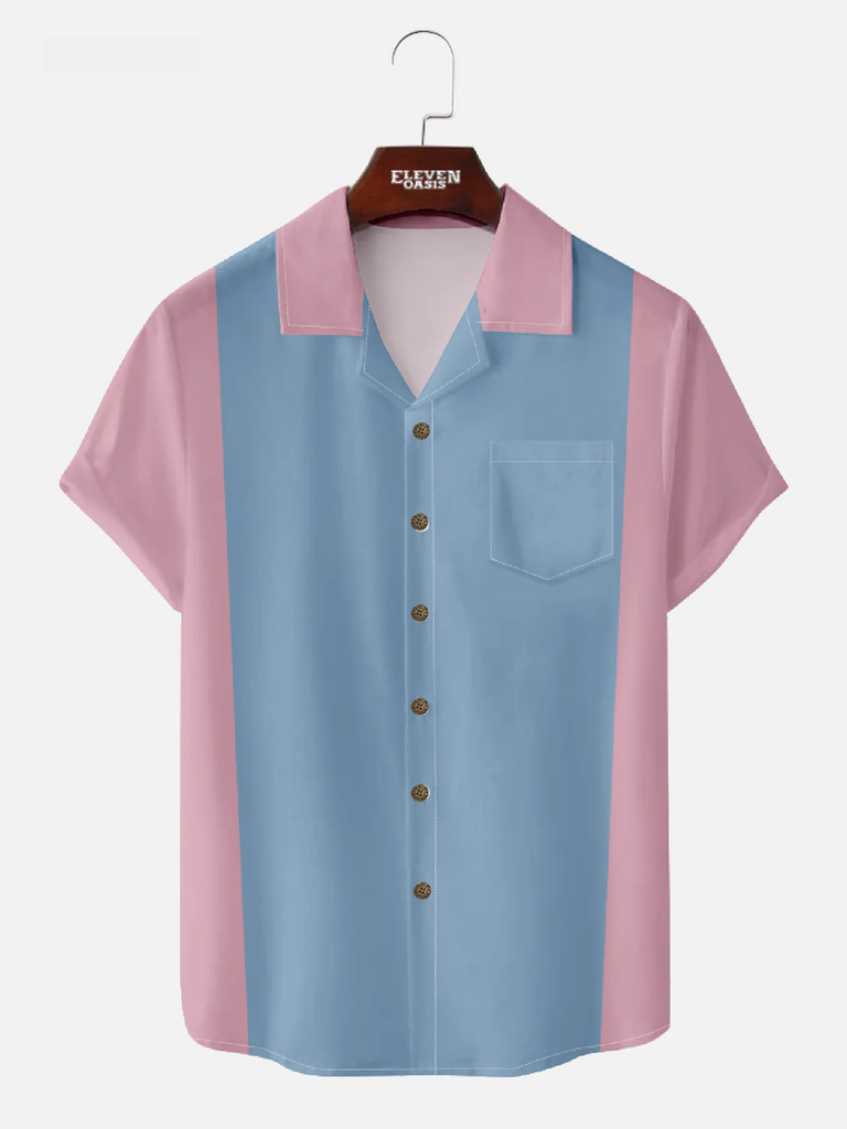 Men's Colorblock Pink Blue Panel Stripe Camp Collar Short Sleeve Shirt Eleven Oasis
