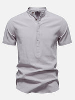 Men's Cotton Linen Band Collar Short Sleeve Shirt Eleven Oasis