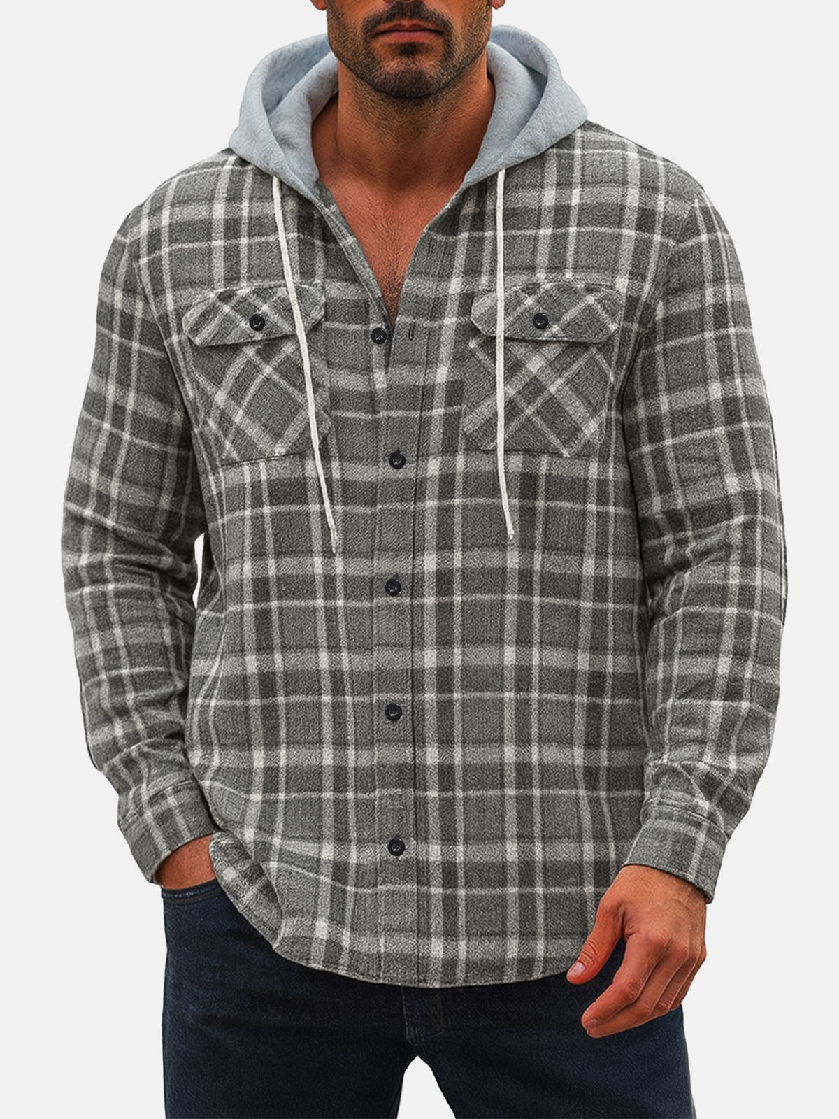 Men's Hooded Plaid Flannel Long Sleeve Shirt Jacket KOLAB