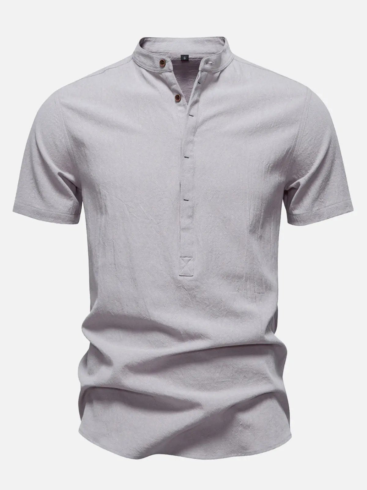 Men's Cotton Linen Band Collar Short Sleeve Shirt ElevenOasis