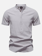 Men's Cotton Linen Band Collar Short Sleeve Shirt ElevenOasis