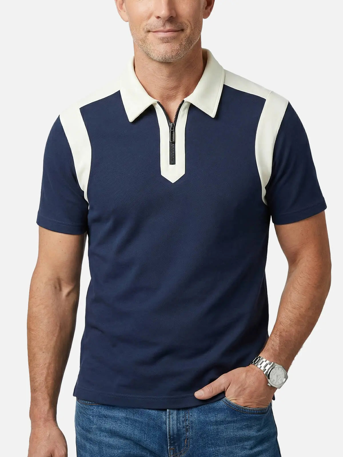 Men's Retro Contrast Panel Zip Polo Shirt | Eleven Oasis