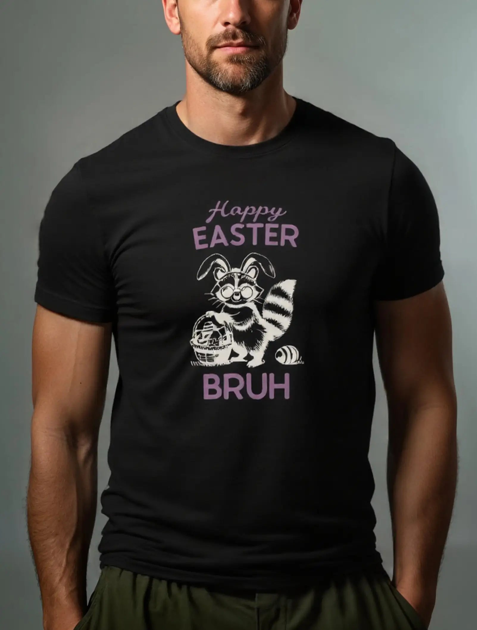 Men's Easter Basic Cotton Round Neck Short Sleeve T-Shirt Happy Easter Bruh Raccoon Eleven Oasis
