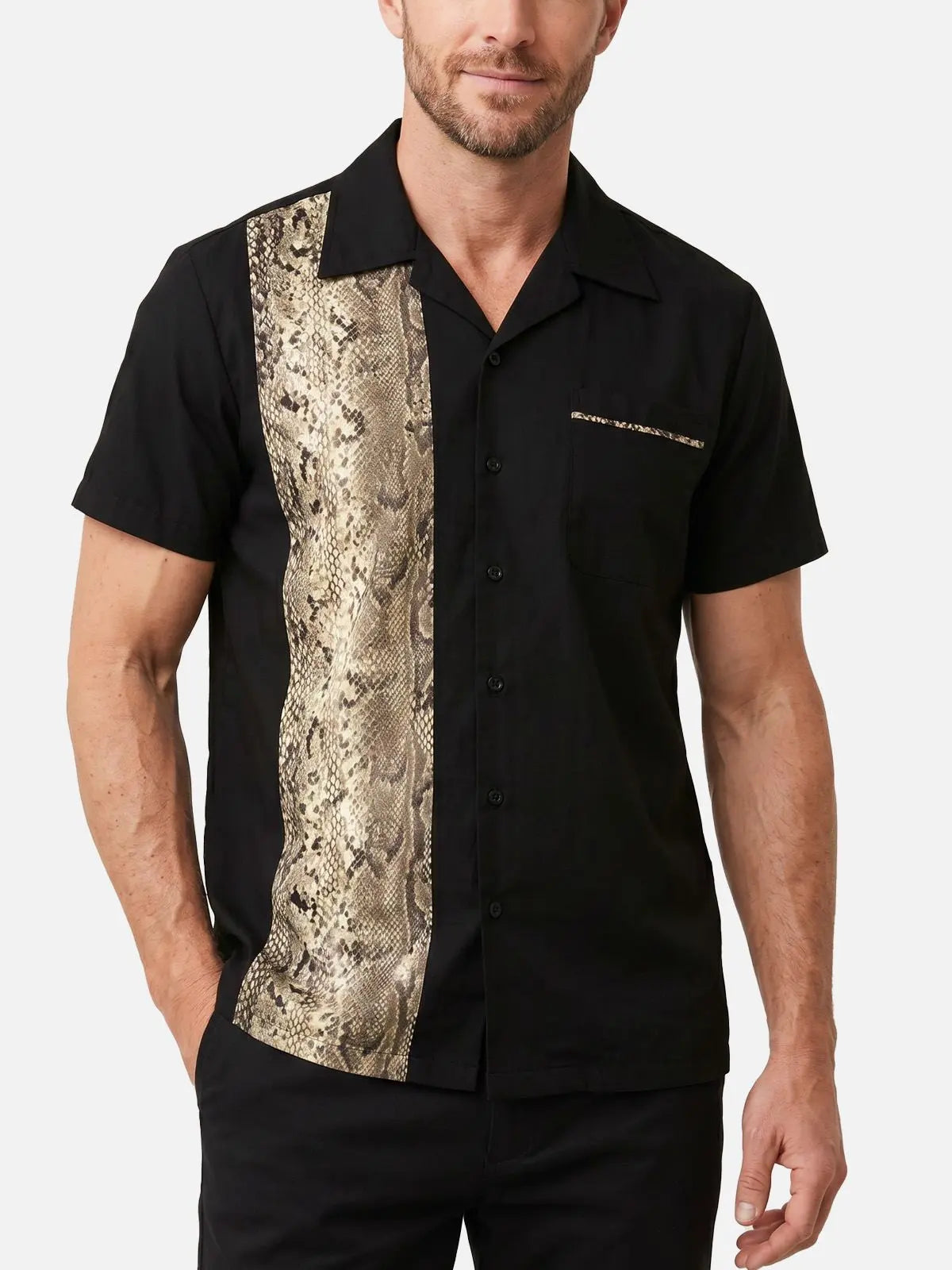 Men's Snakeskin Panel Bowling Short Sleeve Shirt Eleven Oasis