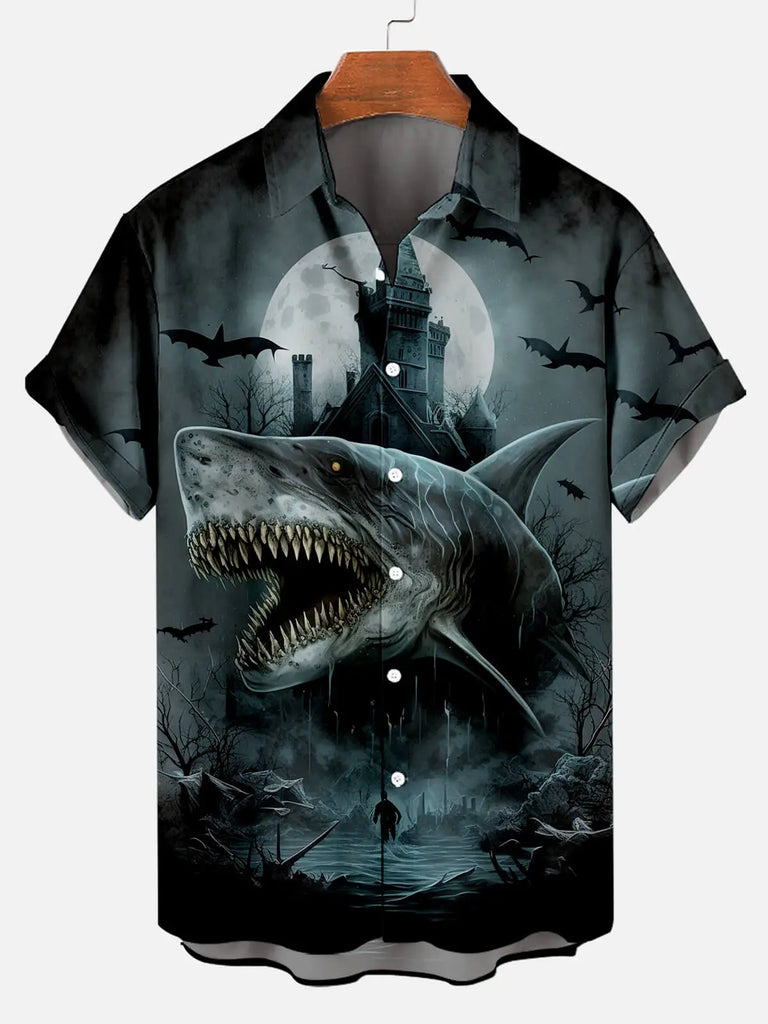 Halloween Scary Shark Illustration Men's Short Sleeve ShirtMens short sleeve shirts Big and tall Mens shirts Short sleeve shirts for men Mens 4xl shirts Casual short sleeve shirts