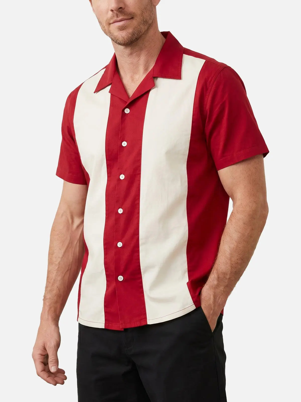 Men's Retro Vertical Panel Camp Collar Short Sleeve Shirt Eleven Oasis