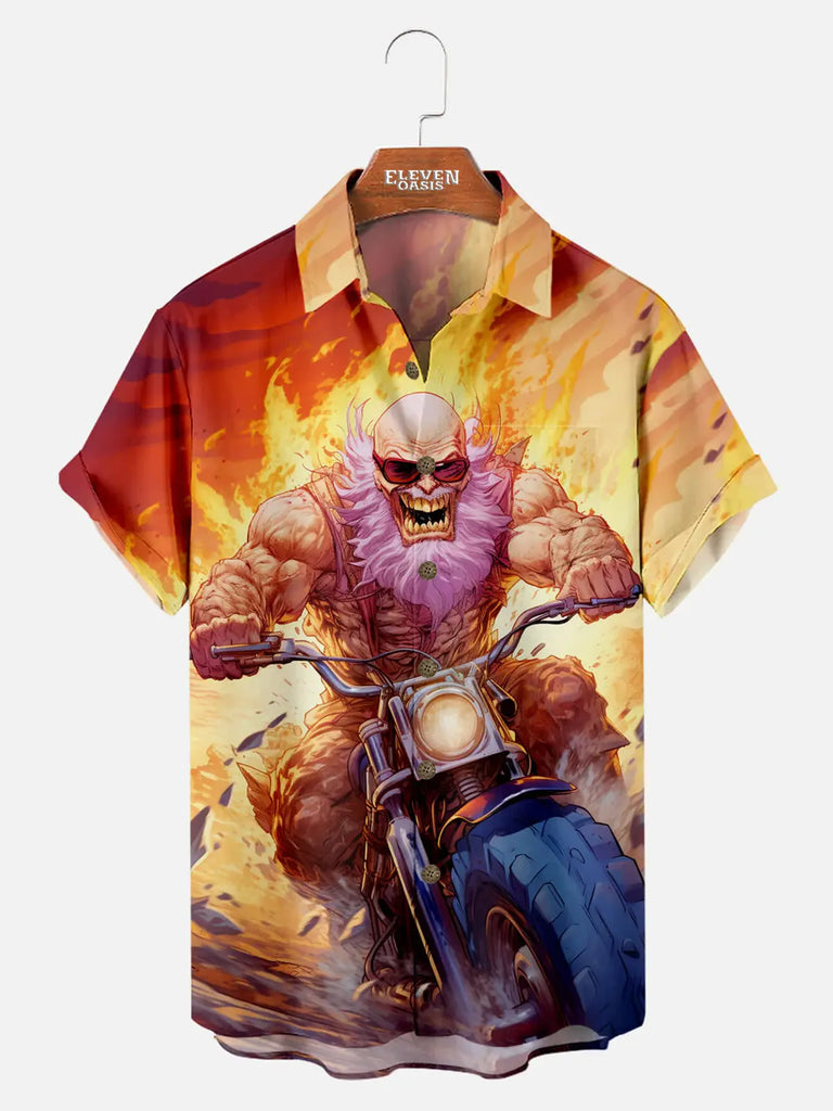 Monster Driving Hot Rod Motorcycle Pattern Men's Short Sleeve Shirt ElevenOasis