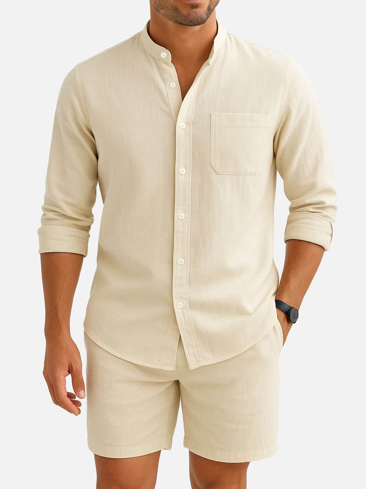 Men’s Solid Color Linen Stand Up Collar Long Sleeve Elastic Waist Set Casual Slow Sunday Two Piece Eleven Oasis