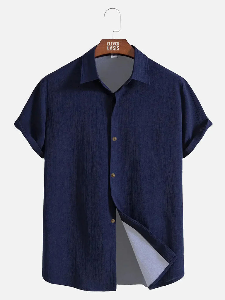 Men's Casual Loose Printed Solid Color Button Short Sleeve Shirt ElevenOasis