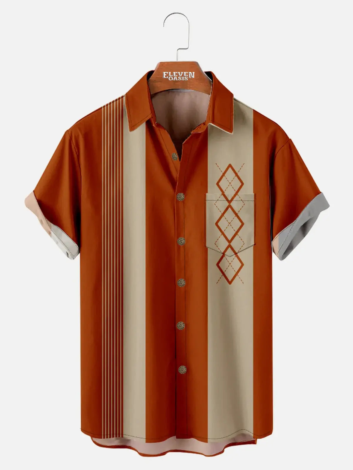 Casual Art Collection Geometric Stripes Color Block Bowling Pattern Lapel Short Sleeve Shirt Print Top ElevenOasis