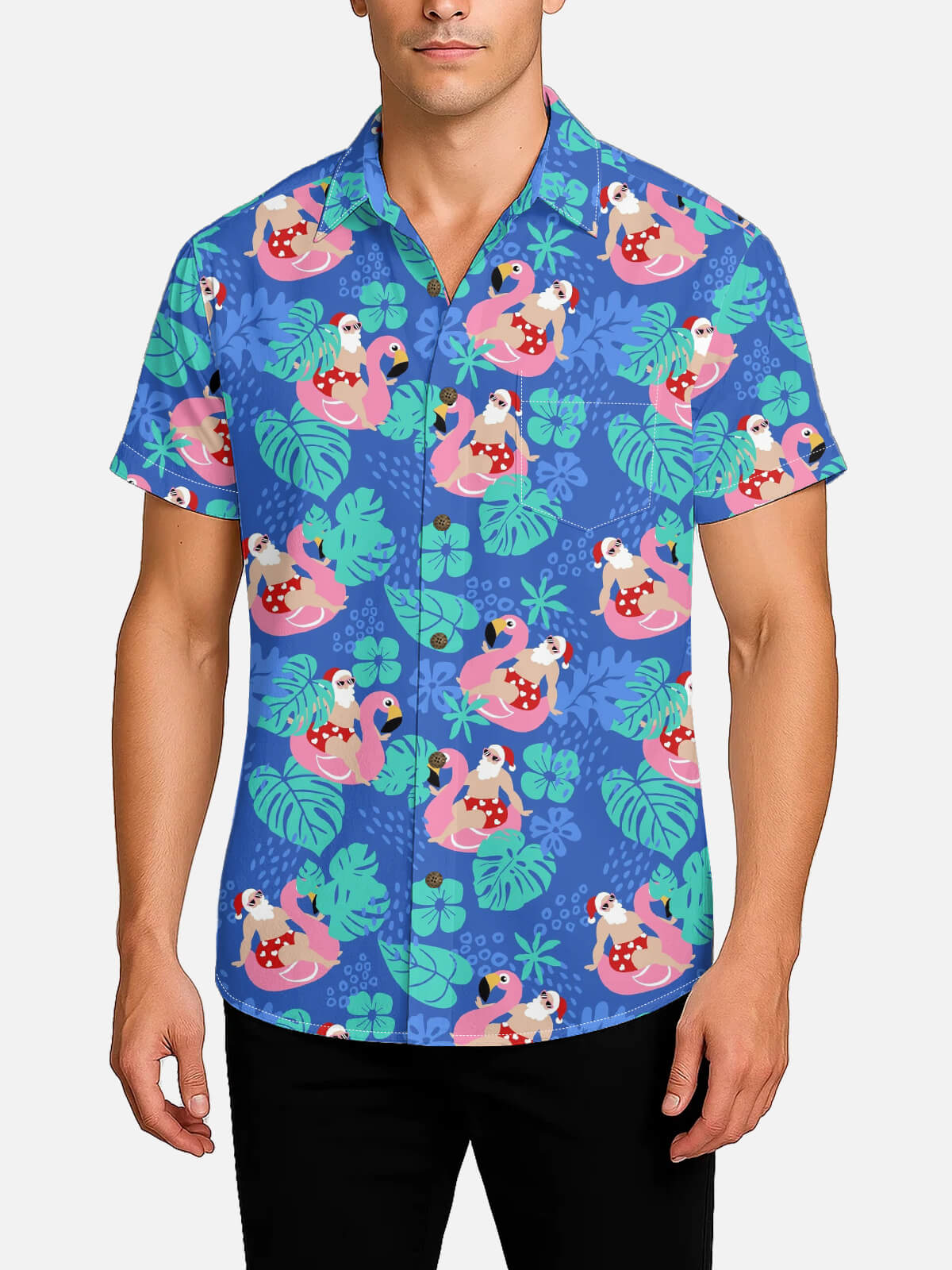 Tall Men's Surfing Santa Tropical Christmas Short Sleeve Shirt Eleven Oasis