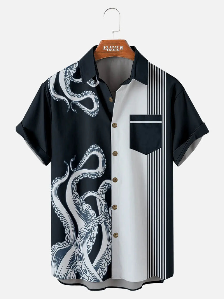 Cthulhu Octopus Stripe Pattern Men's Short Sleeve Tops ElevenOasis