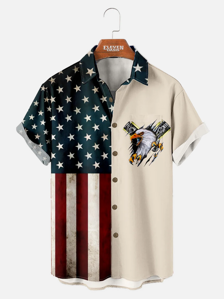 Men's American Flag with Eagle Shirt with Chest Pocket Eleven Oasis