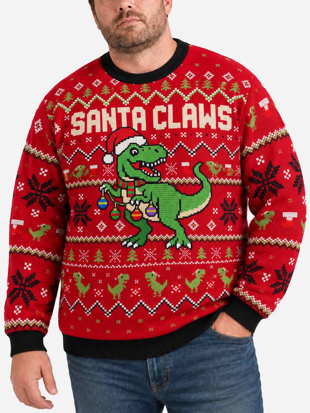 Santa Claws Festive T-Rex Ugly Christmas Sweater 