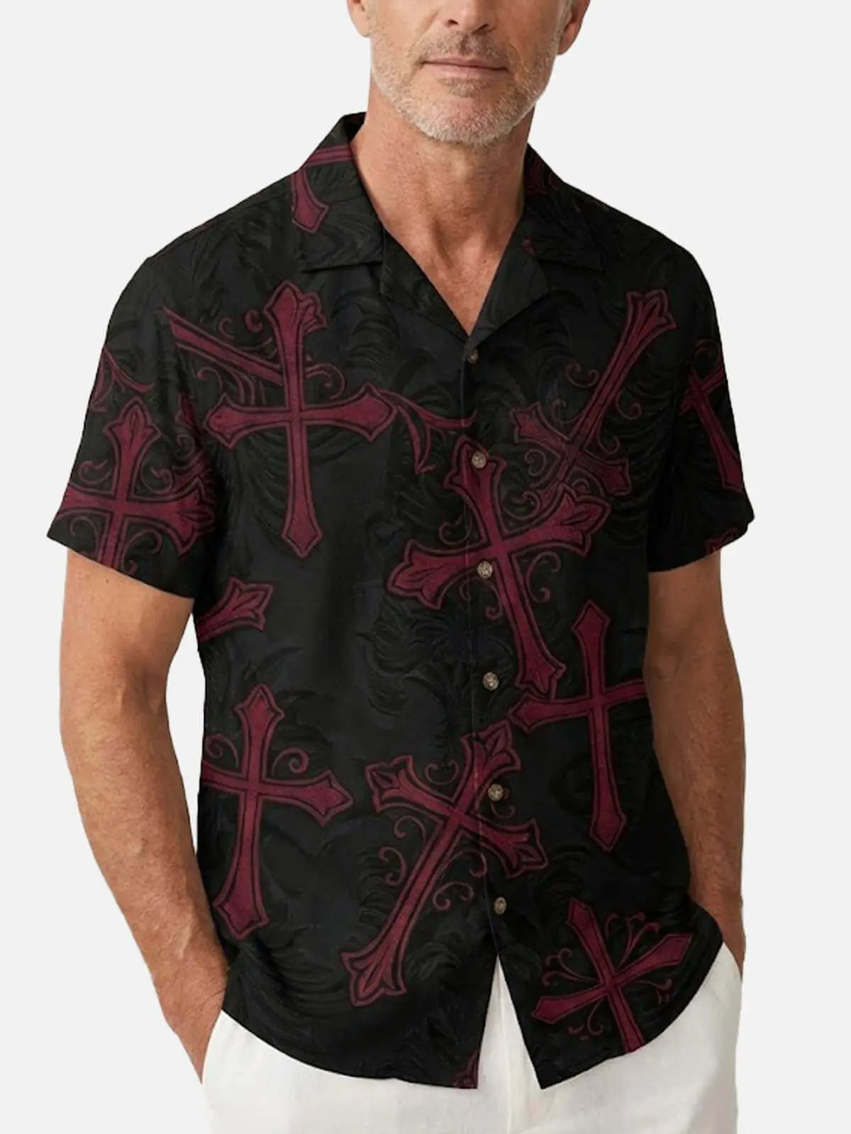 gothic dress shirt Men's Gothic Ornamental Cross Short Sleeve Shirt