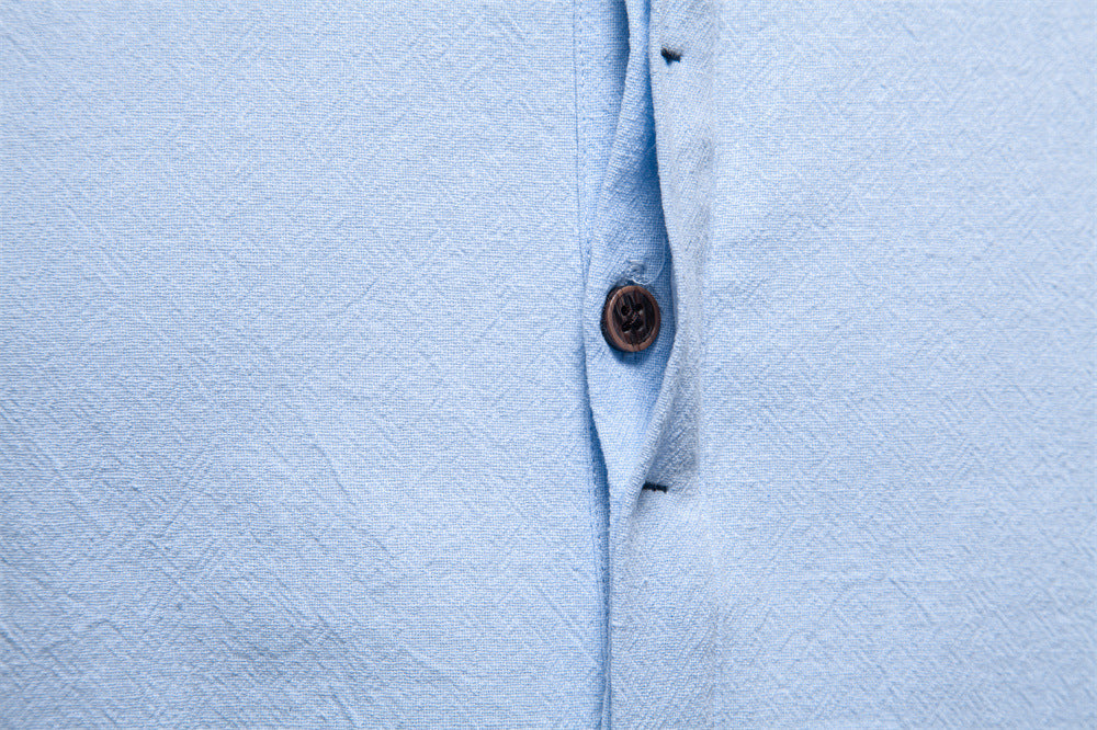 Men's Cotton Linen Band Collar Short Sleeve Shirt Eleven Oasis