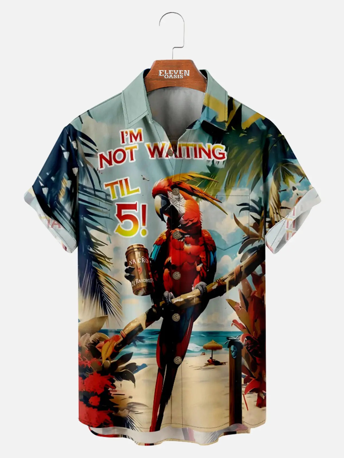 Men's Retro Pearched Parrot Vacation Palm Trees Drink Short Sleeve Shirt Eleven Oasis