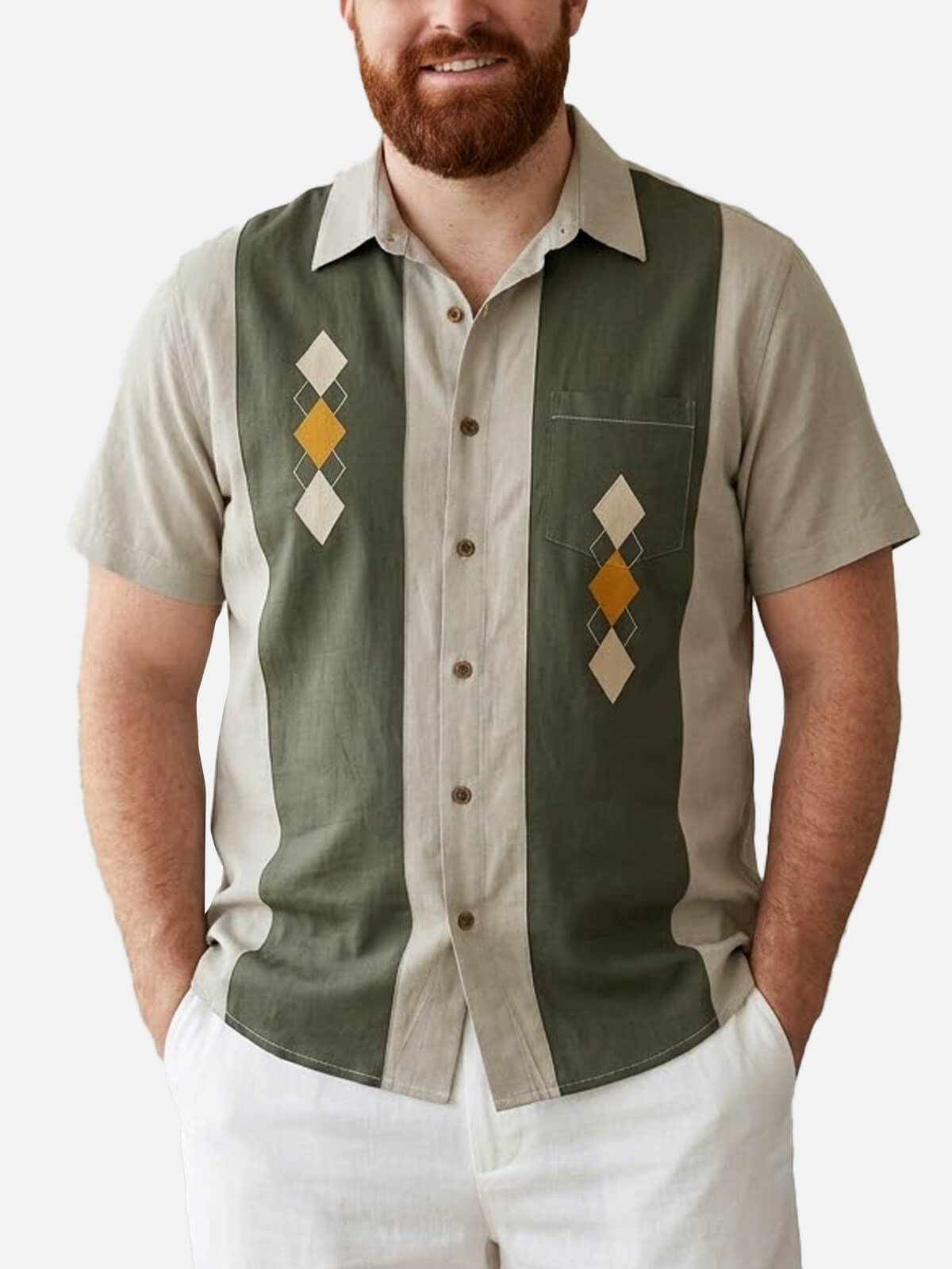 Tall Men's Retro Argyle Panel Short Sleeve Shirt Eleven Oasis