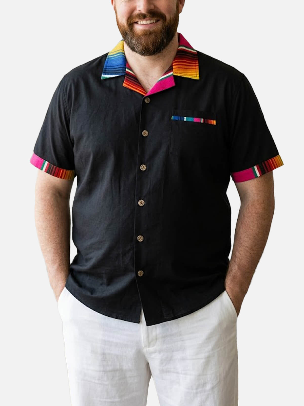 Tall Men's Serape Trim Fiesta Short Sleeve Shirt Eleven Oasis