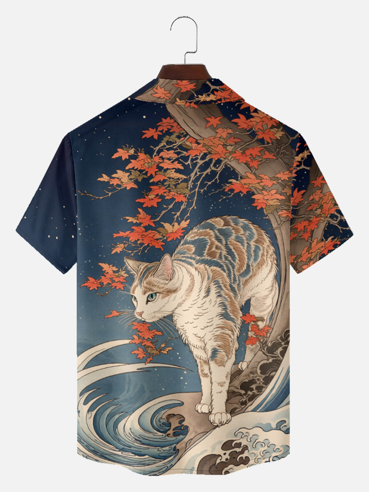 Tall Men's Japanese Cat & Maple Wave Short Sleeve Shirt Eleven Oasis