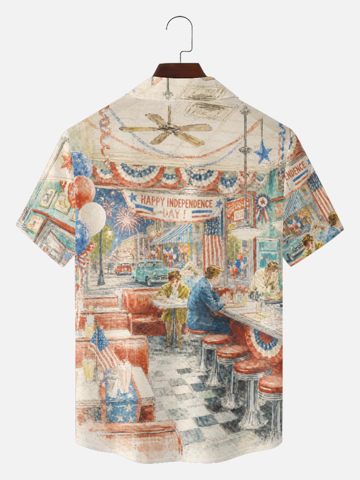Tall Men's Vintage Diner Independence Day Short Sleeve Shirt Eleven Oasis