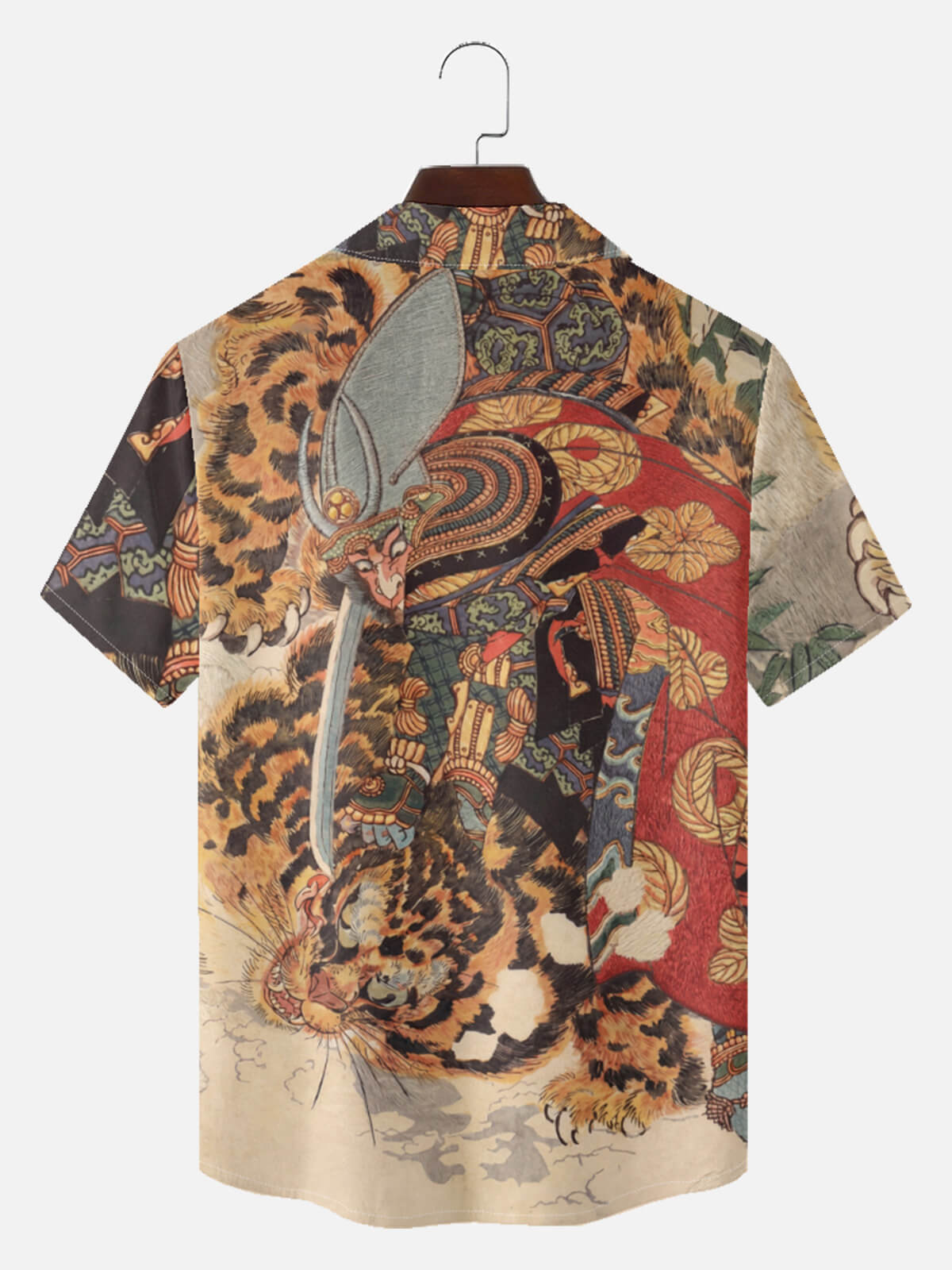 Tall Men's Japanese Samurai & Tiger Ukiyo-e Short Sleeve Shirt Eleven Oasis