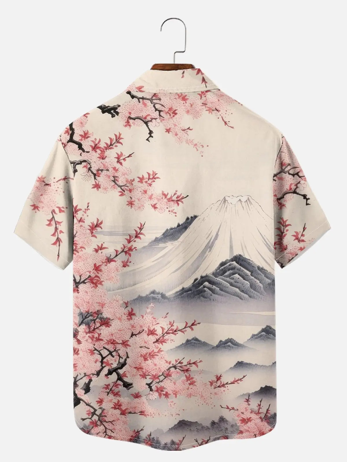 Men's Japan-Inspired Mt Fuji and Cherry Blossoms Short Sleeve Casual Shirt?