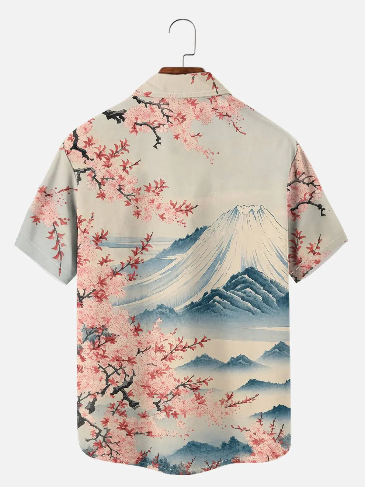 Men's Japan-Inspired Mt Fuji and Cherry Blossoms Short Sleeve Casual Shirt?