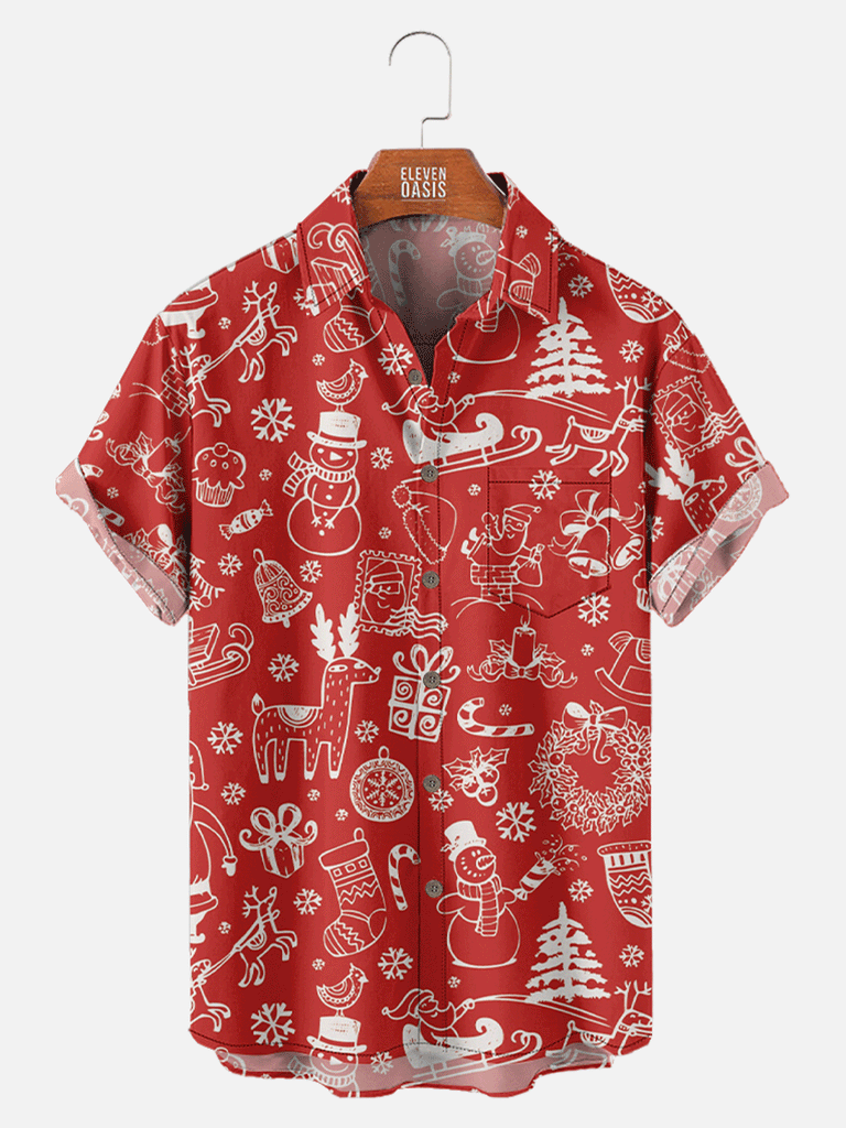 Christmas Patterns Snowman Tree Reindeer Red Short Sleeve Shirt, mens short sleeve shirts?¡§o?big and tall mens shirts?¡§o?short sleeve shirts for men?¡§o?mens 4xl shirts?¡§o?casual short sleeve shirts
