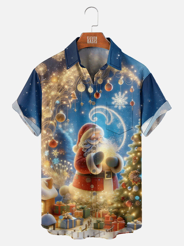 Santa With a Golden Glowing Star Surrounded by Presents Short Sleeve Shirt, mens short sleeve shirts?¡§o?big and tall mens shirts?¡§o?short sleeve shirts for men?¡§o?mens 4xl shirts?¡§o?casual short sleeve shirts