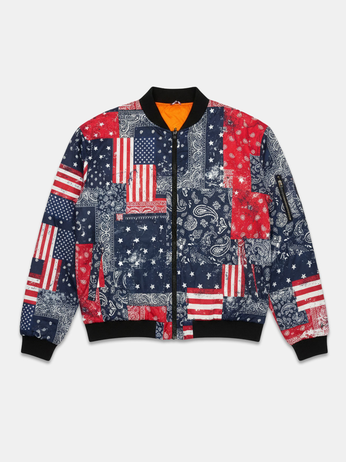 USA Flag Bandana Patchwork Puffer Bomber Jacket ElevenOasis