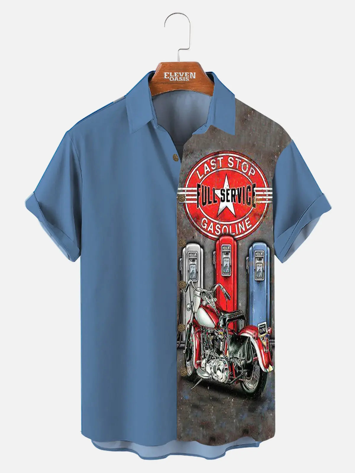 Motorcycle Gas Station Printed Men's Short Sleeve Shirt Eleven Oasis