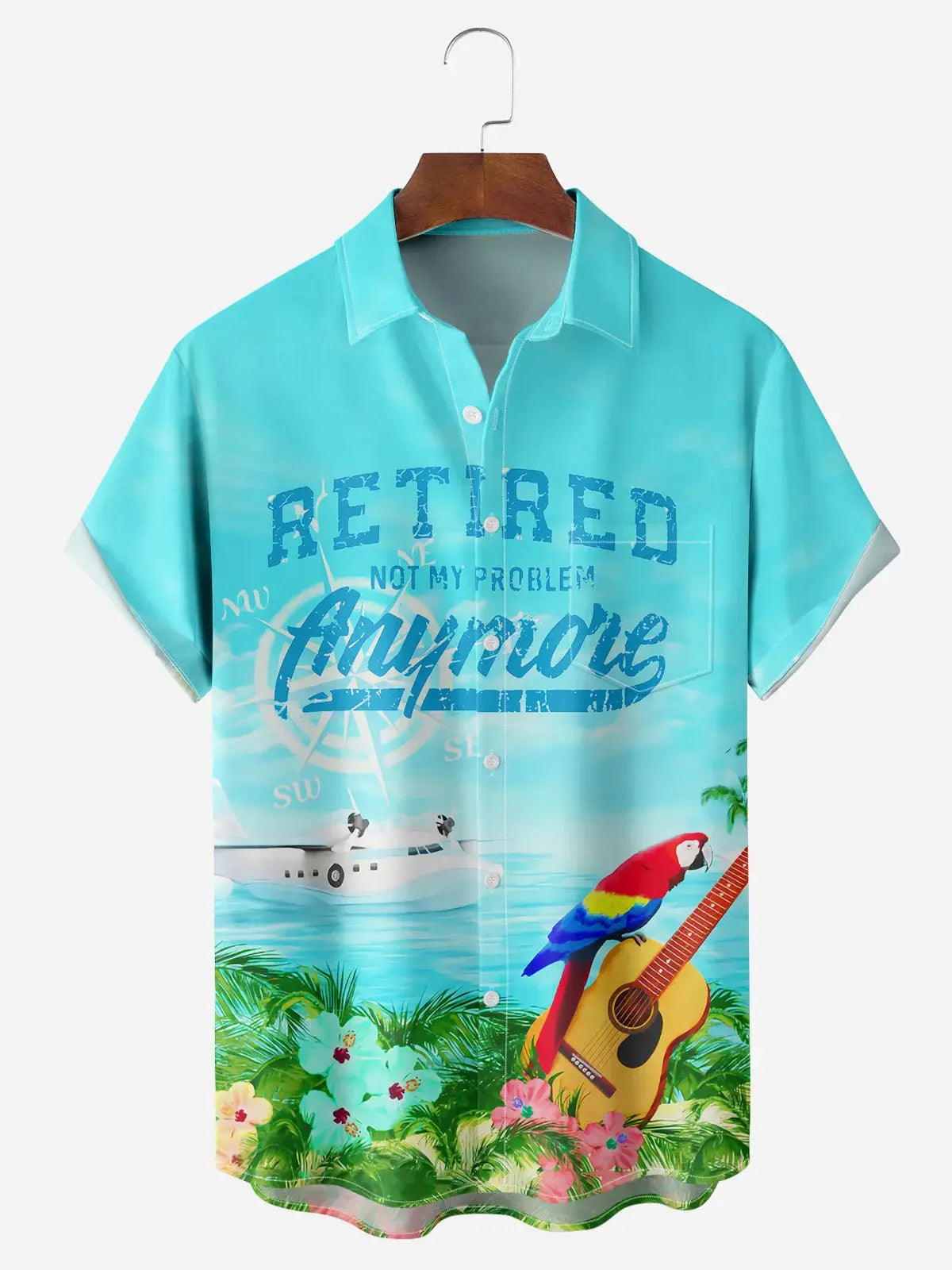 Men's Retired Vacation Parrot with Guitar Short Sleeve Casual ShirtMens short sleeve shirts Big and tall Mens shirts Short sleeve shirts for men Mens 4xl shirts Casual short sleeve shirts