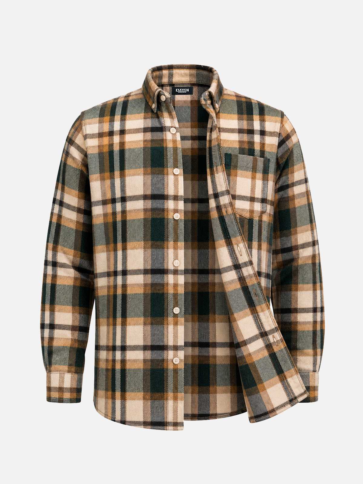 Men's Brushed Cotton Plaid Pocket Long Sleeve Shirt Eleven Oasis