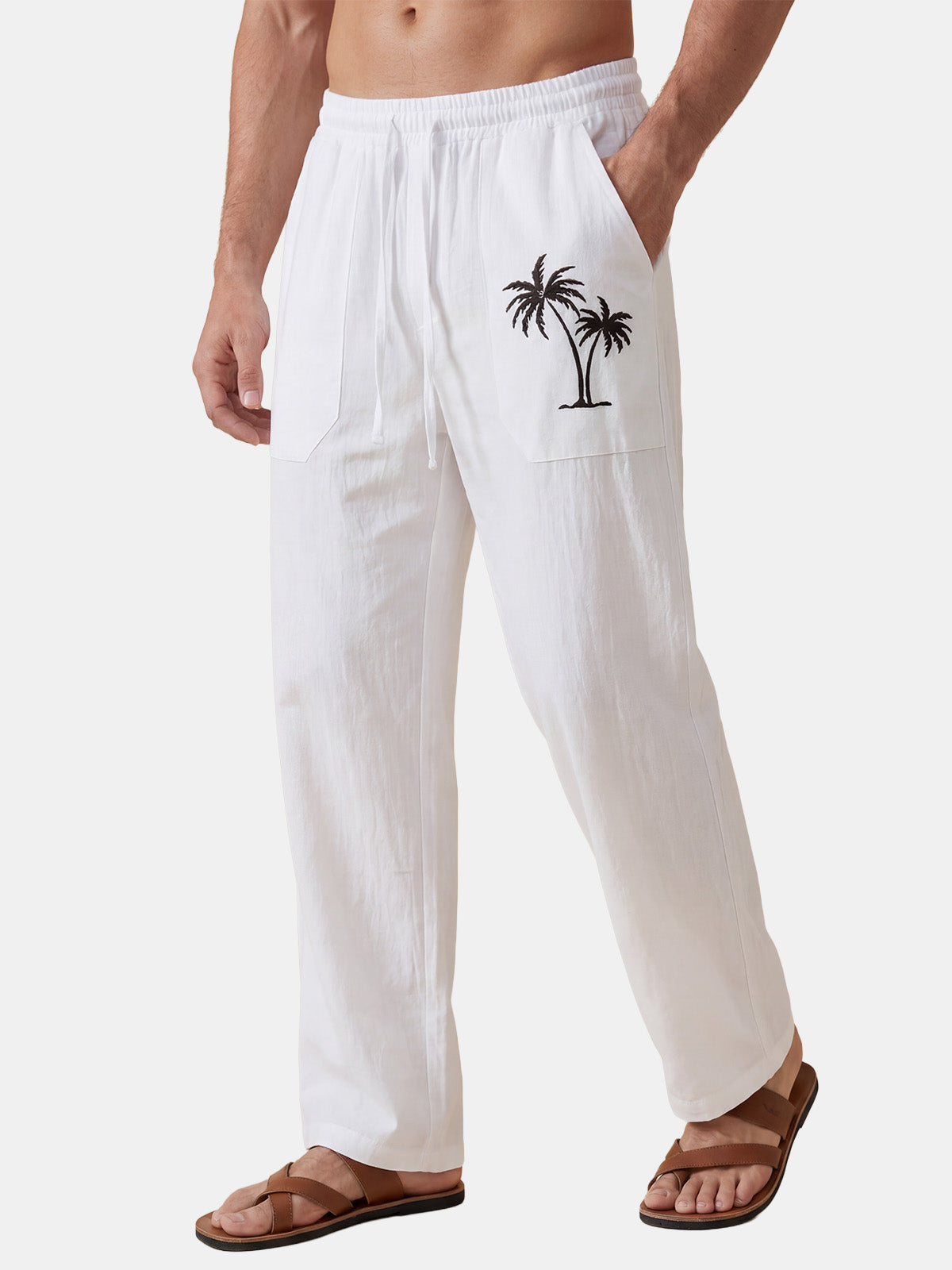 Men's Casual Palm-Print Linen Pants Eleven Oasis