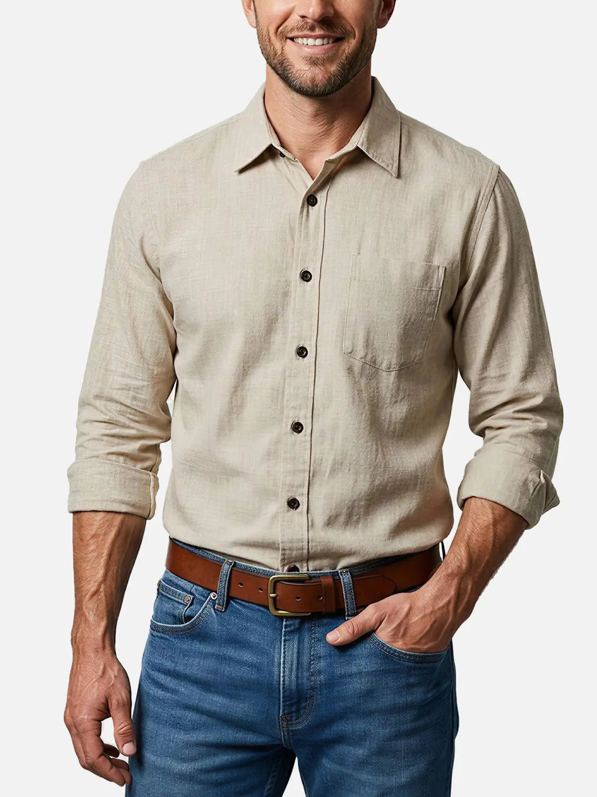 Men's Textured Linen-Look Pocket Long Sleeve Shirt Eleven Oasis