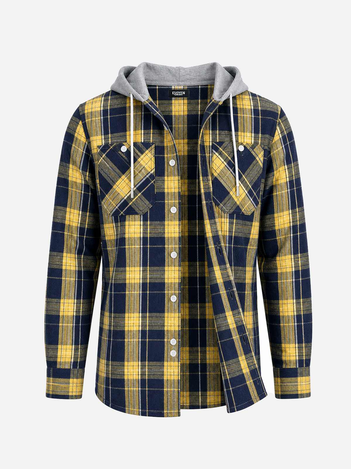 Men's Hooded Plaid Double Pocket Long Sleeve Shirt Eleven Oasis