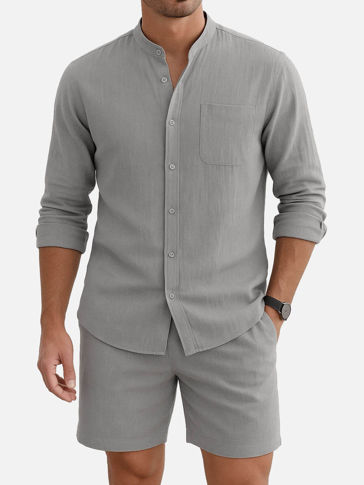 Men’s Solid Color Linen Stand Up Collar Long Sleeve Elastic Waist Set Casual Slow Sunday Two Piece Eleven Oasis