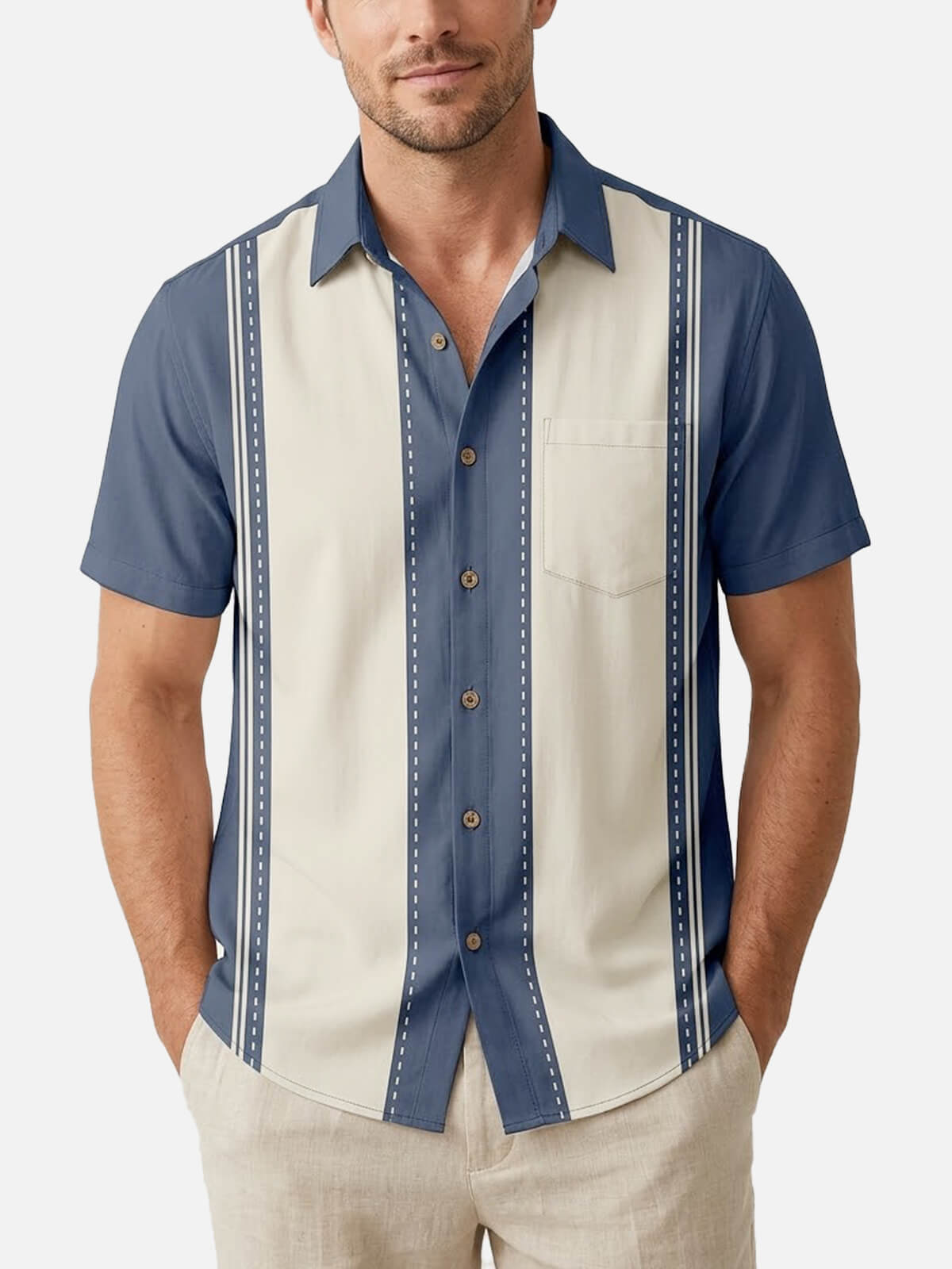 Men's Classic Striped Bowling Style Short Sleeve Shirt ElevenOasis