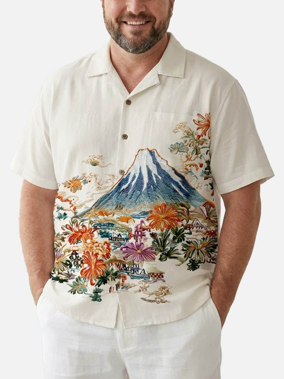 Tall Men's Mount Fuji Floral Landscape Short Sleeve Shirt Eleven Oasis