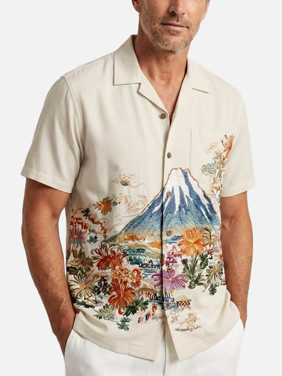 Men's Mount Fuji Floral Landscape Short Sleeve Shirt Eleven Oasis