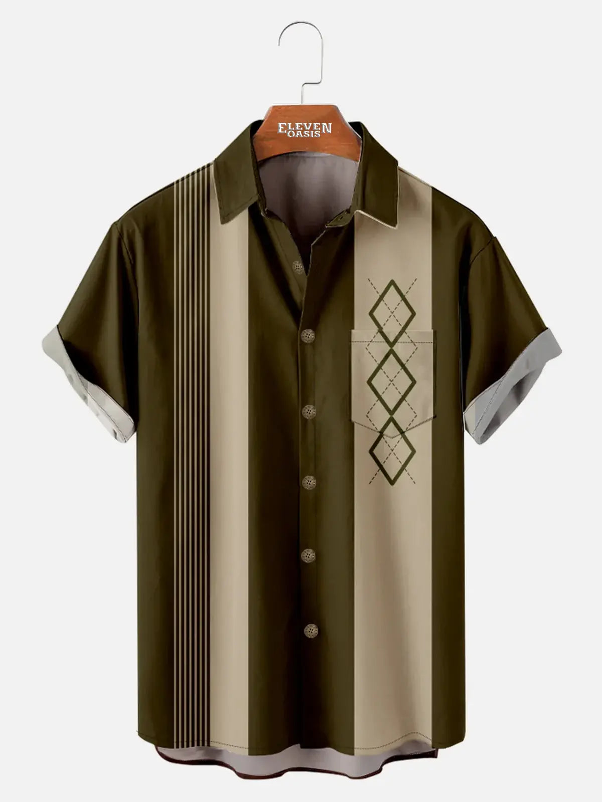 Casual Art Collection Geometric Stripes Color Block Bowling Pattern Lapel Short Sleeve Shirt Print Top ElevenOasis