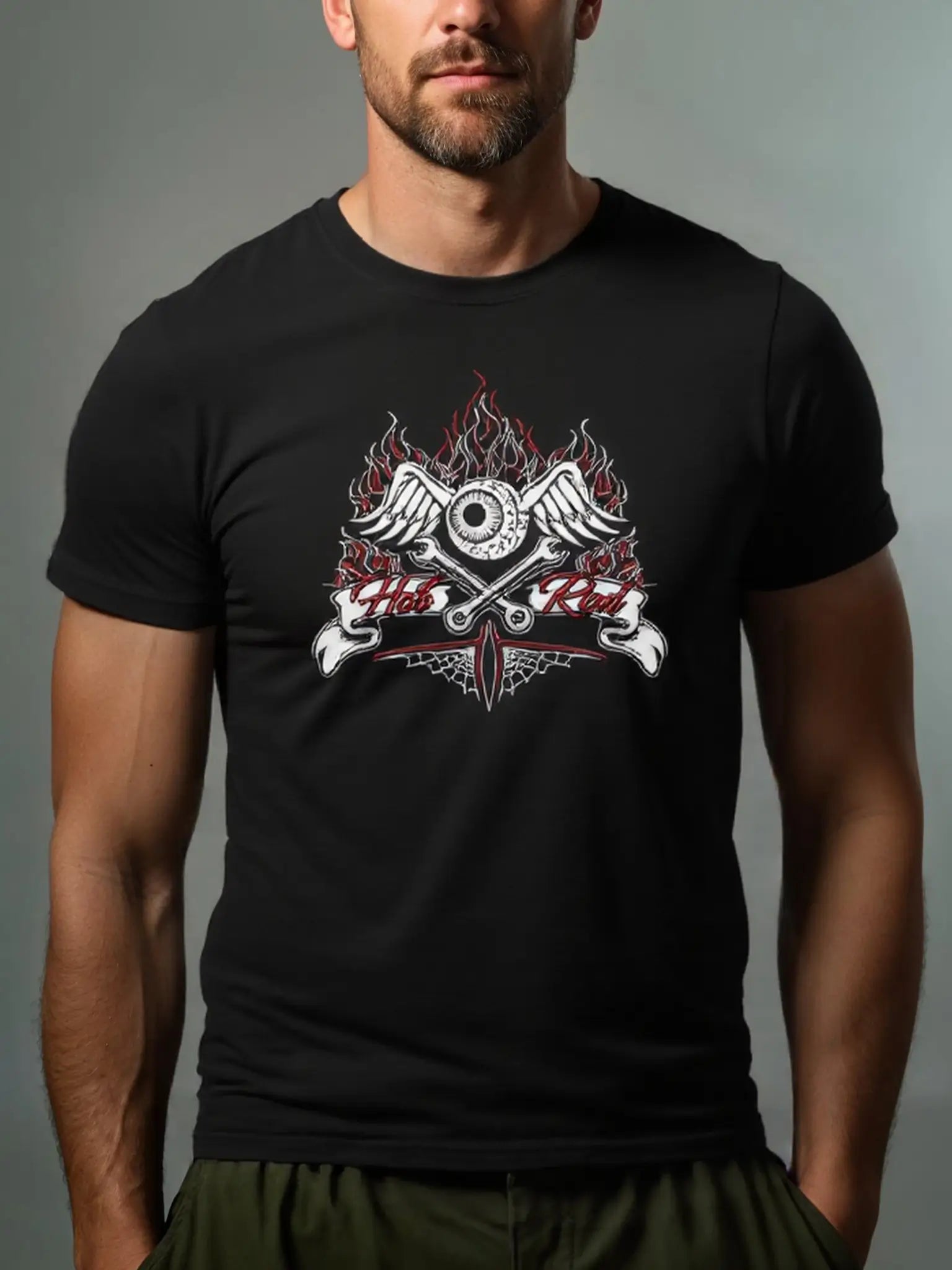 Men's Hot Rod  Basic Cotton Round Neck Short Sleeve T-Shirt Vintage-inspired Line Art Eleven Oasis