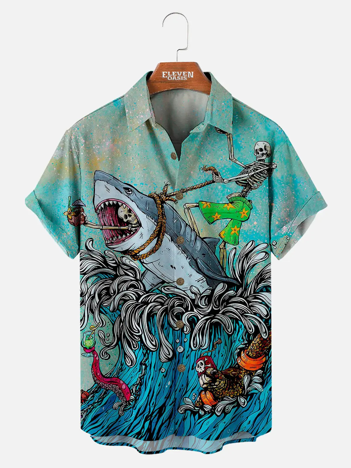 Tall Size Hawaiian Skull Beach Pattern Men's Short Sleeve Tops Eleven Oasis