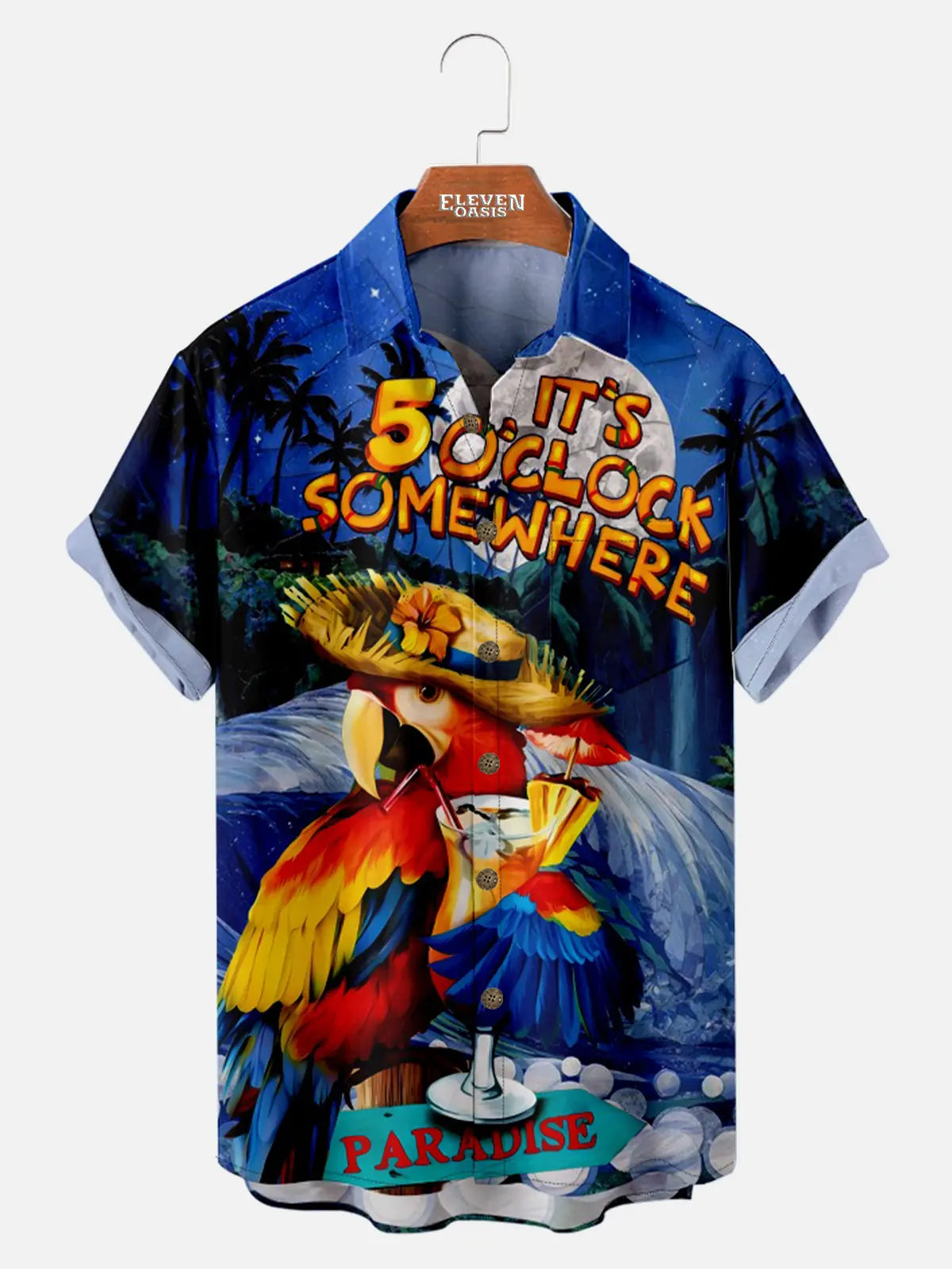 Men's Retro Parrot Vacation Palm Trees Drink Short Sleeve Shirt ElevenOasis