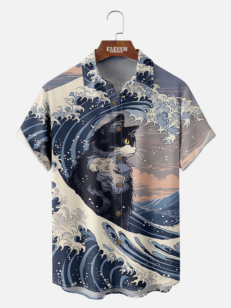 Men's Japan-Inspired Ocean Waves and Cat Short Sleeve Shirt Eleven Oasis